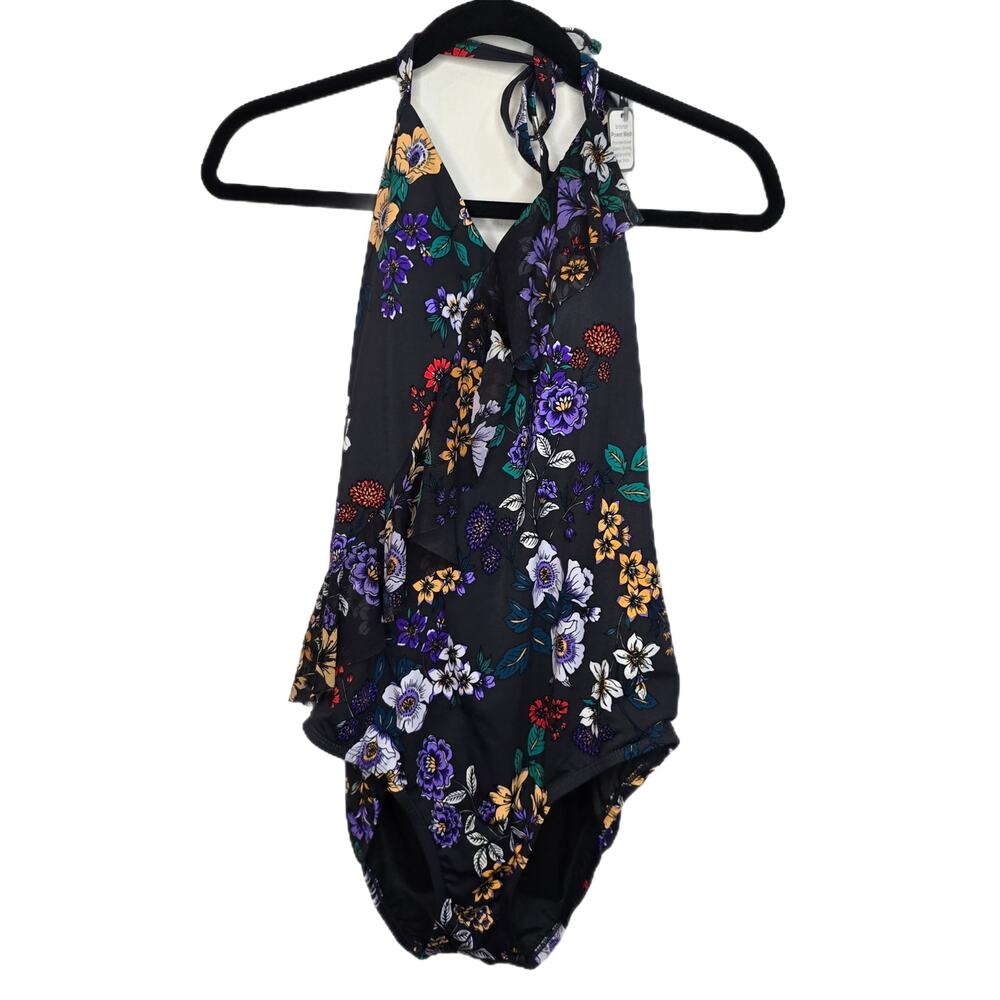 Time and True Gray Floral Print Halter Swimsuit Ruffle Boho Pretty Women 1X 16W